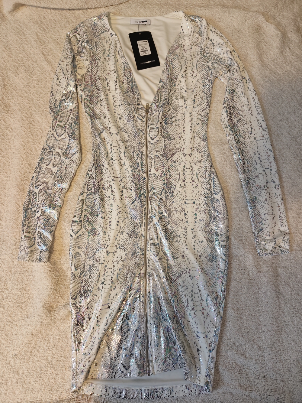 Fashion Nova Metallic Snake Zip Up V-Neck Long Sleeve Mini Dress Size XS